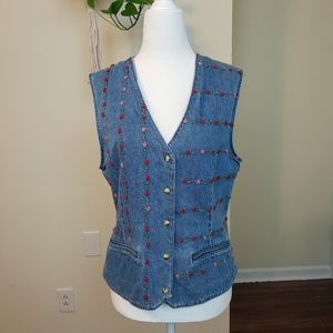 Vintage Demin Floral Embroidered Vest Size Medium